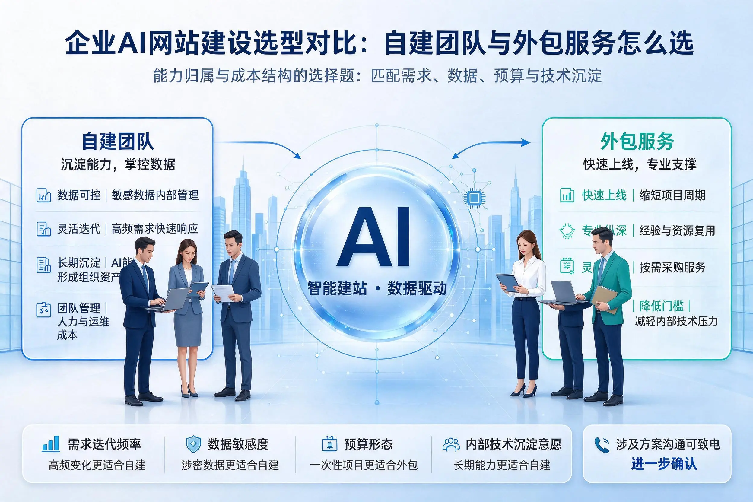 宁德企业AI网站建设选型对比:自建团队与外包服务怎么选